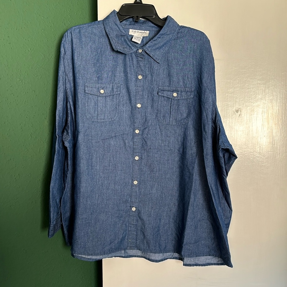 dark wash denim snap-button down glittery collared top